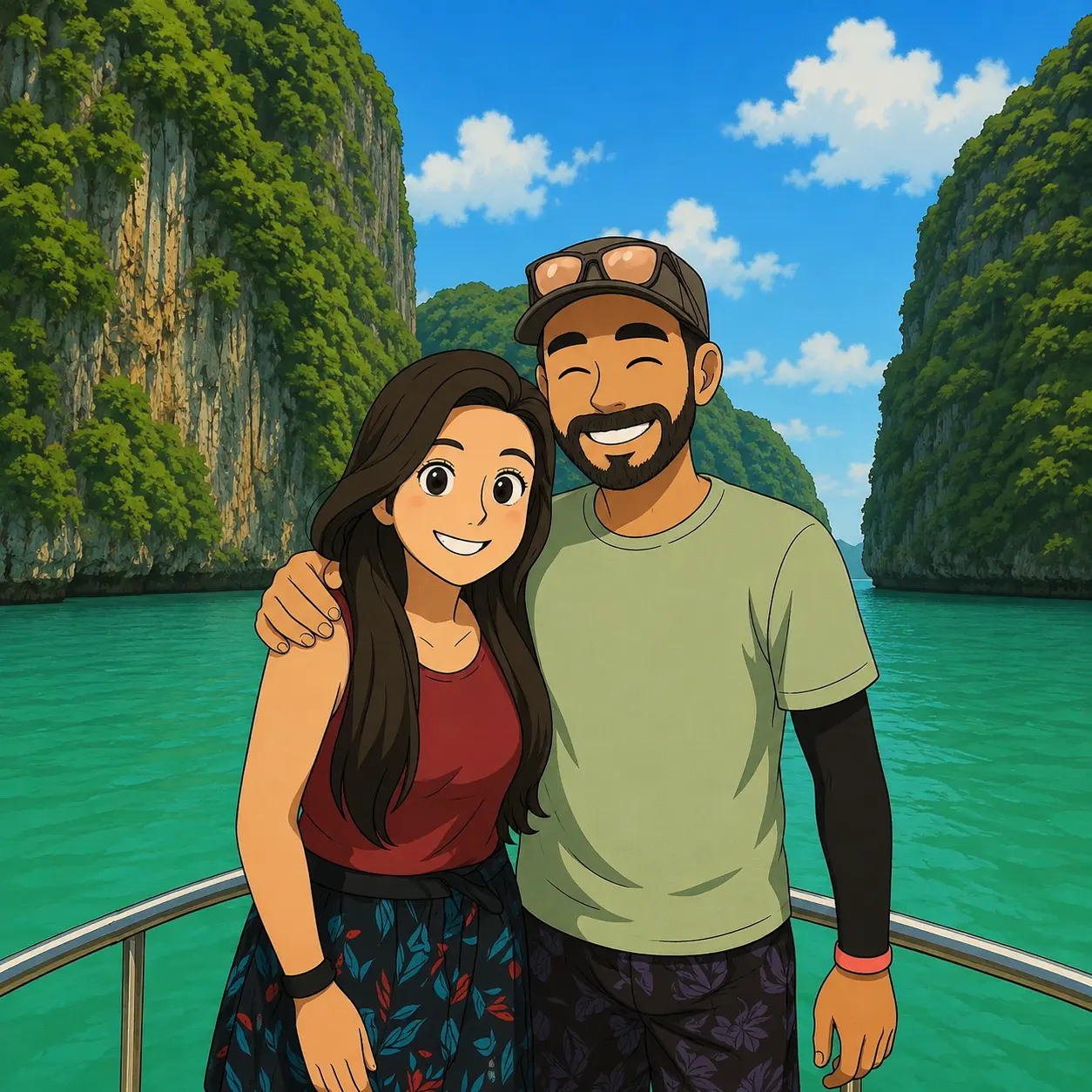 Illustration of the two of us on a boat between limestone islands