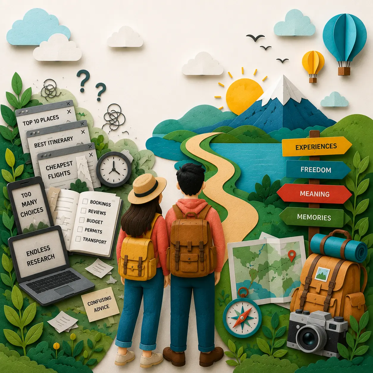 Papercraft illustration: a couple with backpacks standing between a pile of endless research and an open landscape signposted experiences, freedom, meaning, memories